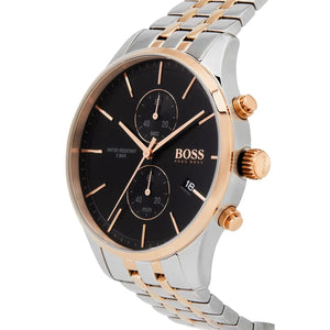 Detailed view of rose gold crown on Hugo Boss Associate 1513840 with black dial and two-tone metal strap 50m water resistant