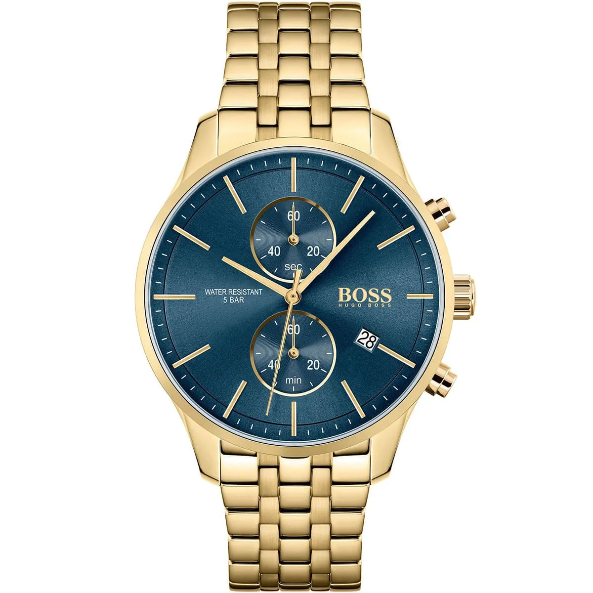 Front view of Hugo Boss Associate 1513841 men's watch with blue dial and gold stainless steel bracelet.