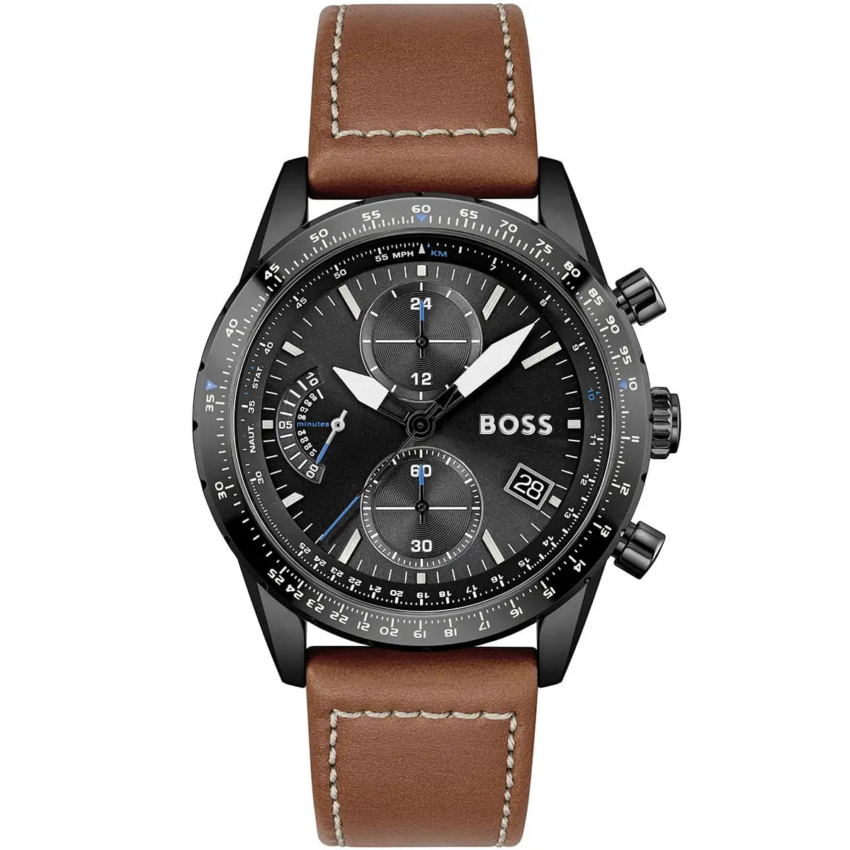 Hugo Boss Pilot Edition 1513851 men's chronograph watch with black case, black dial, and light brown leather strap