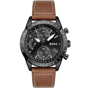Hugo Boss Pilot Edition 1513851 men's chronograph watch with black case, black dial, and light brown leather strap
