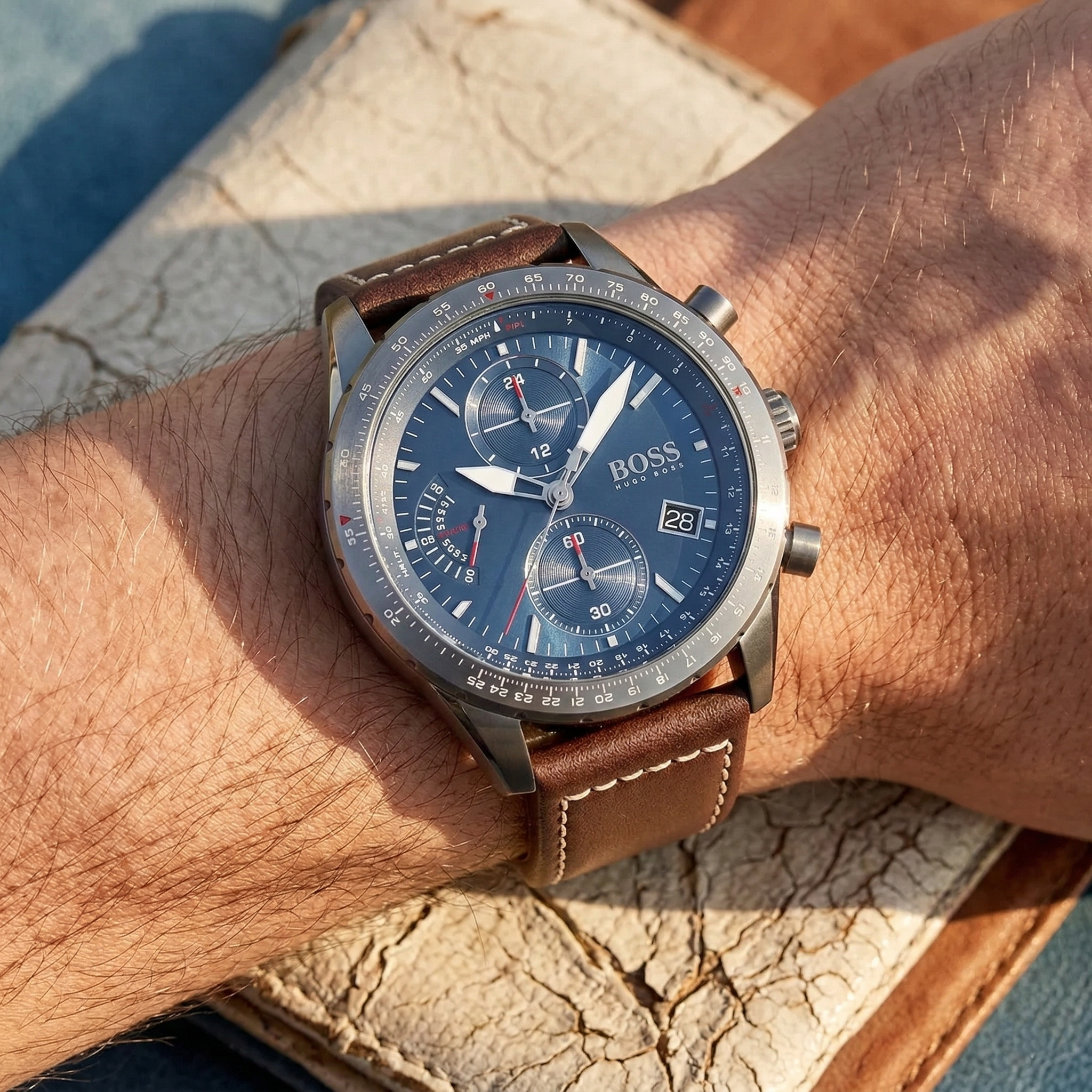 Close up of Hugo Boss Pilot Edition 1513852 on wrist showing blue sunray dial and brown leather strap with 50m water resistance