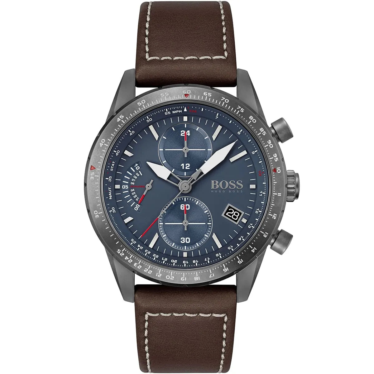 Hugo Boss Pilot Edition Chrono 1513852 men's watch with blue dial, technical flight bezel, brown leather strap, and 50m water resistance main view