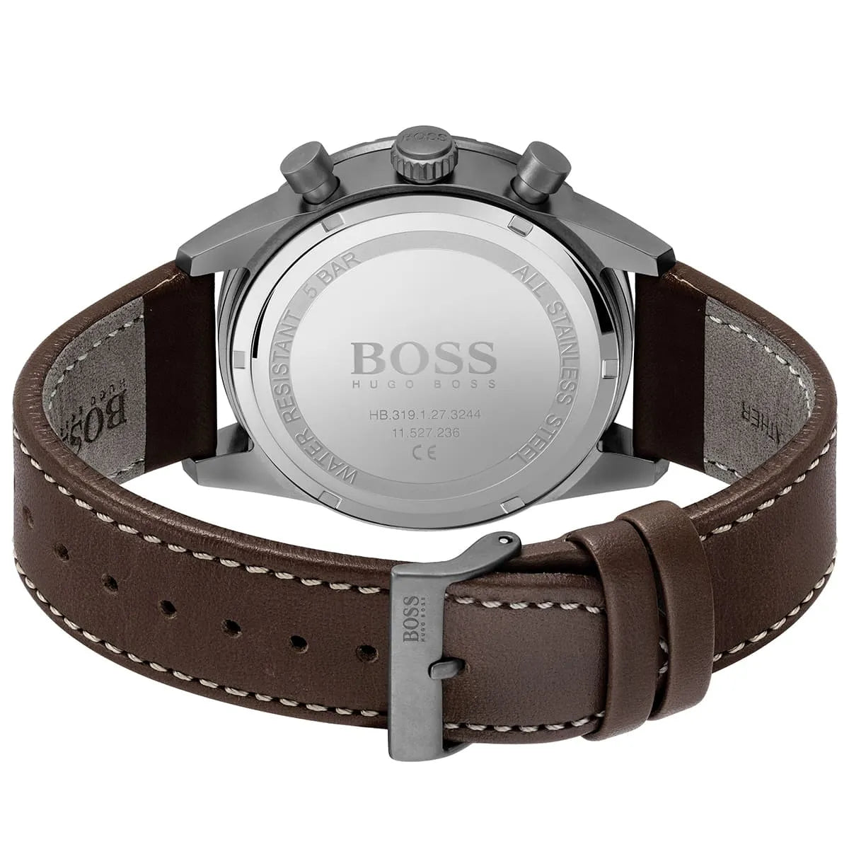 Caseback of Hugo Boss Pilot Edition 1513852 showing technical flight specs blue dial and leather strap 50m water resistance