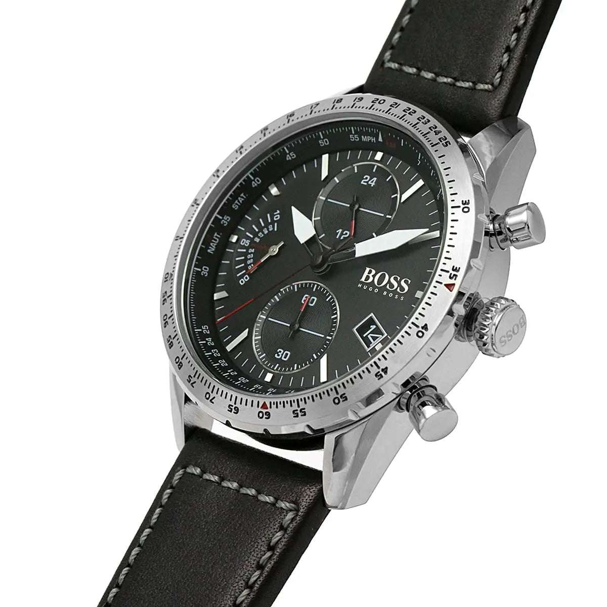 Left angled view of Hugo Boss Pilot Edition 1513853 showing black dial detail and leather strap water resistant 50m