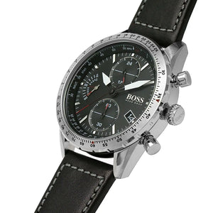 Left angled view of Hugo Boss Pilot Edition 1513853 showing black dial detail and leather strap water resistant 50m