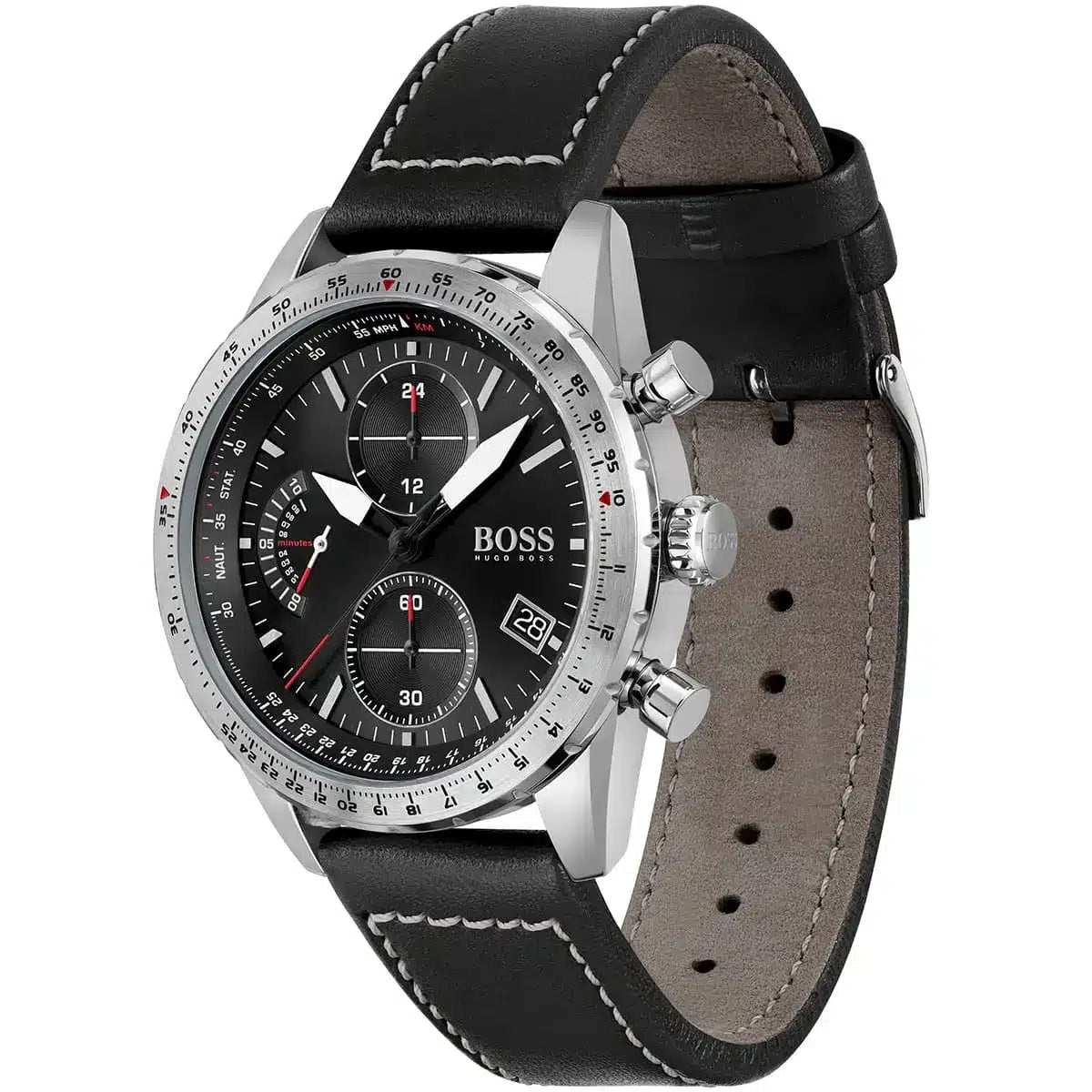 Right angled view of Hugo Boss Pilot Edition 1513853 highlighting black dial and slide-rule bezel 50m water resistance