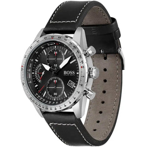 Right angled view of Hugo Boss Pilot Edition 1513853 highlighting black dial and slide-rule bezel 50m water resistance