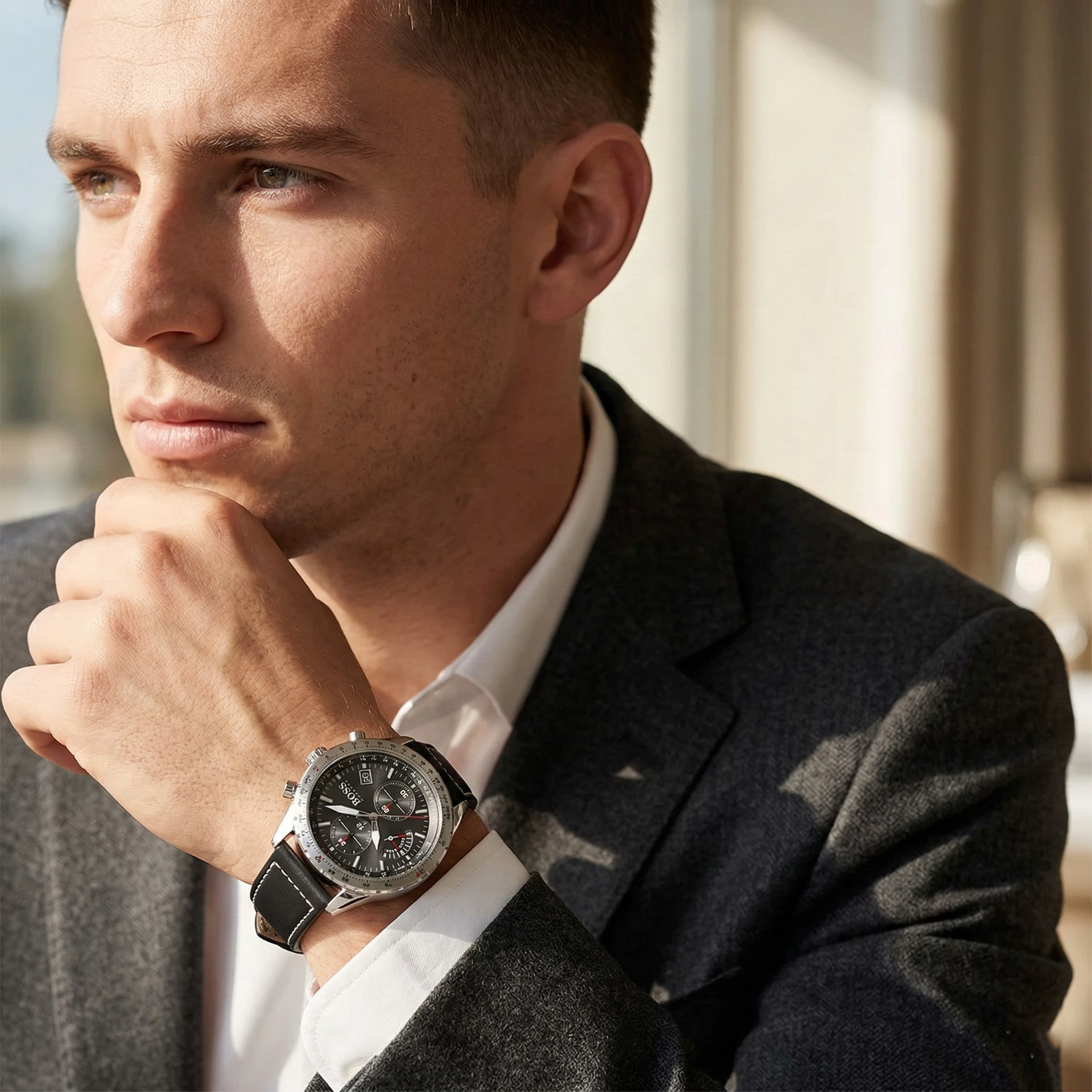 Professional man wearing Hugo Boss Pilot Edition 1513853 with black dial and silver case leather strap water resistant 50m