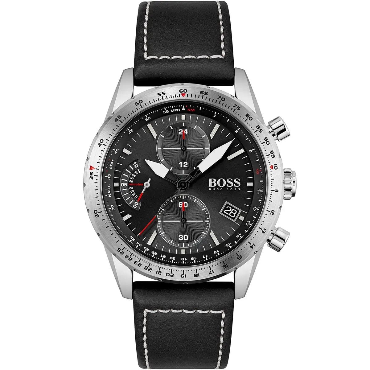 Hugo Boss Pilot Edition 1513853 men's watch with black sunray dial, silver stainless steel case, black leather strap with white stitching, and 50m water resistance main view