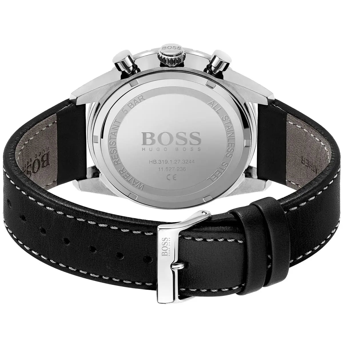 Caseback of Hugo Boss Pilot Edition 1513853 showing technical specs black dial and leather strap 50m water resistance