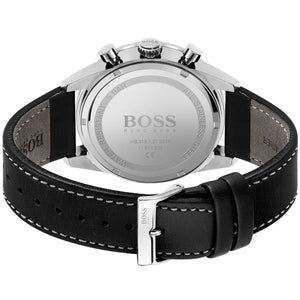 Caseback of Hugo Boss Pilot Edition 1513853 showing technical specs black dial and leather strap 50m water resistance
