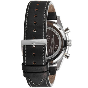 Silver stainless steel buckle on Hugo Boss Pilot Edition 1513853 black leather strap watch water resistant 50m