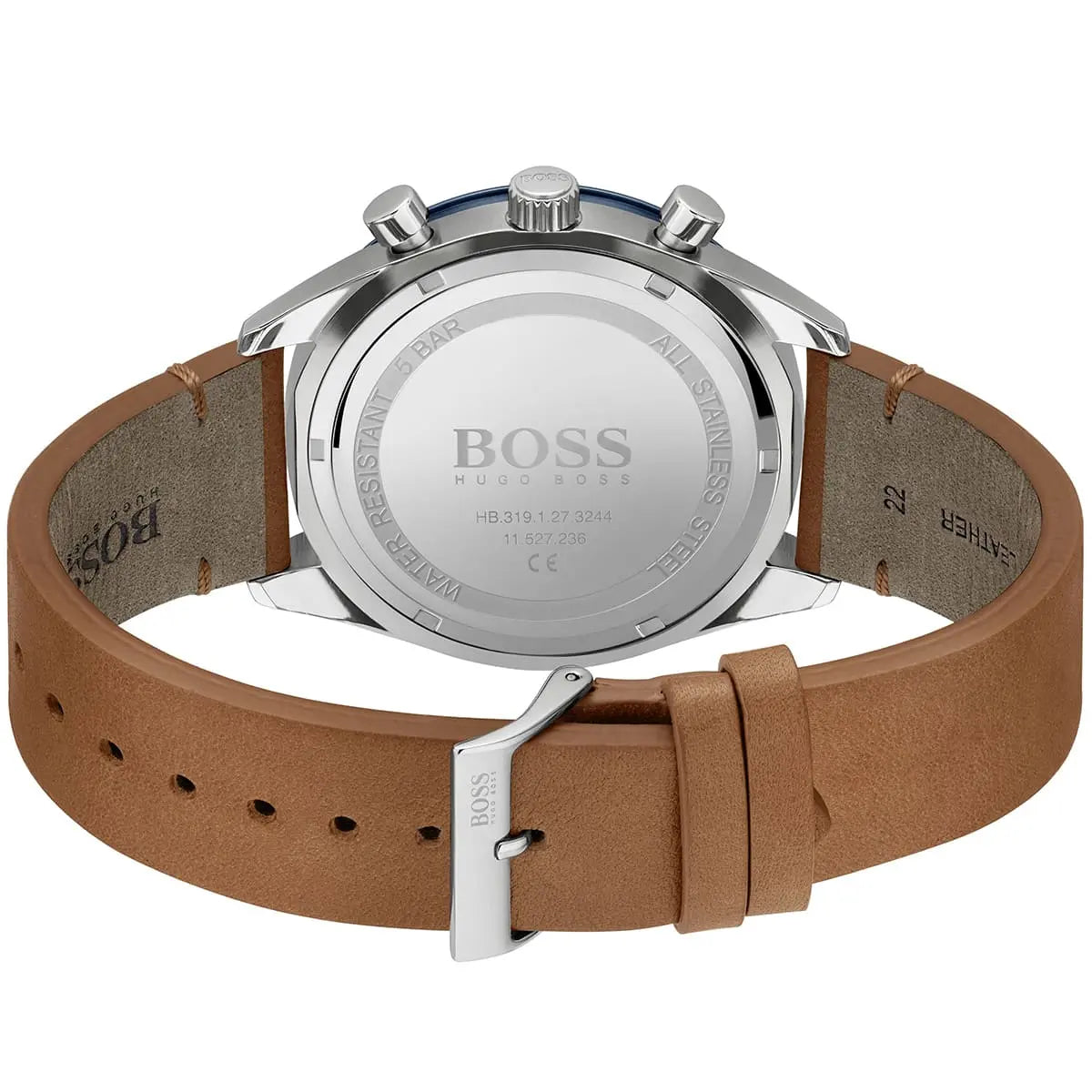 Caseback of Hugo Boss Santiago 1513860 showing technical specs blue dial and leather strap 50m water resistance