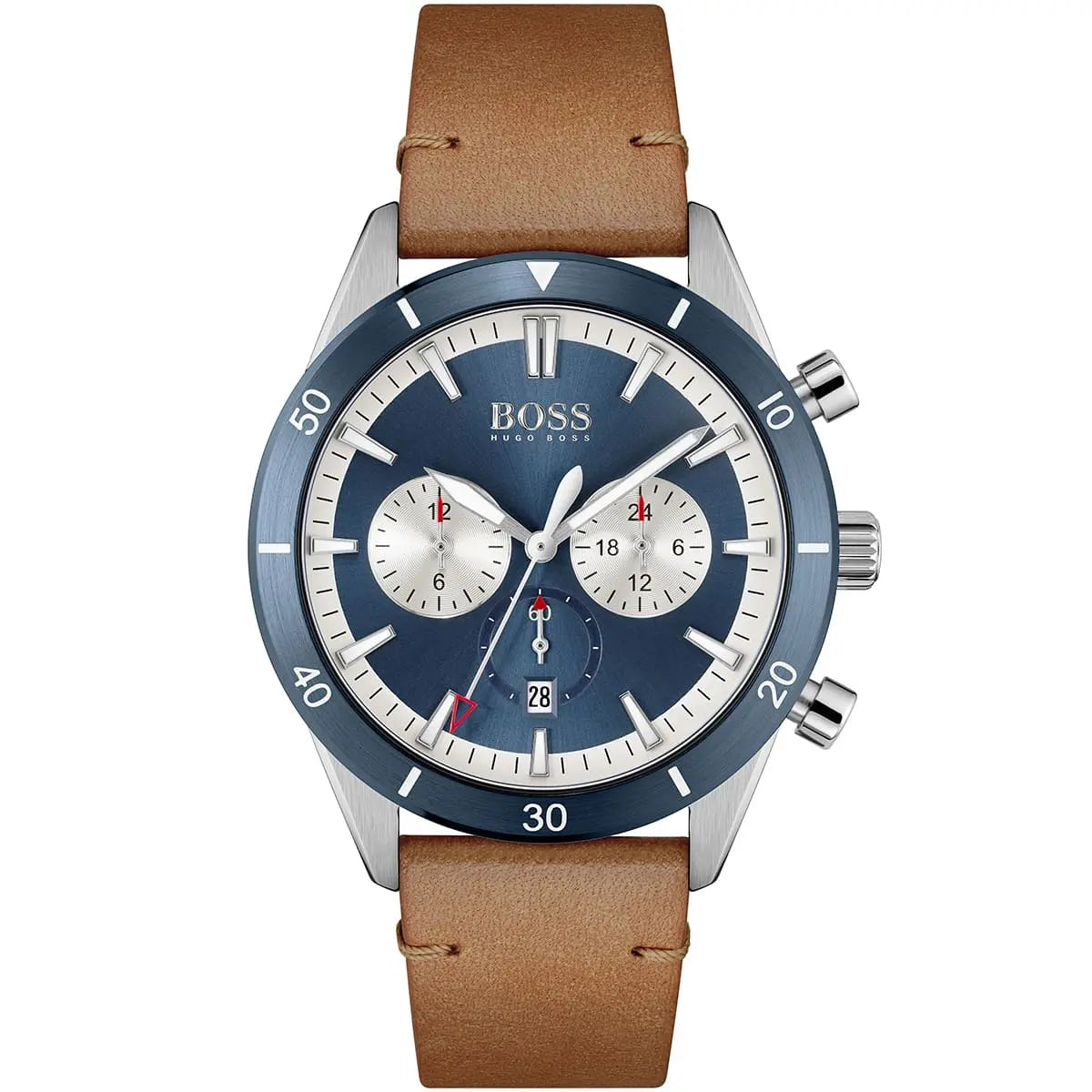 Hugo Boss Santiago 1513860 men's watch with blue sunray dial, brown leather strap, and 50m water resistance main view