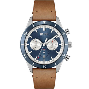 Hugo Boss Santiago 1513860 men's watch with blue sunray dial, brown leather strap, and 50m water resistance main view