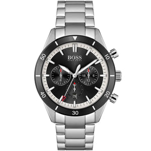 Front view of Hugo Boss Santiago 1513862 men's watch with black dial and silver stainless steel bracelet.