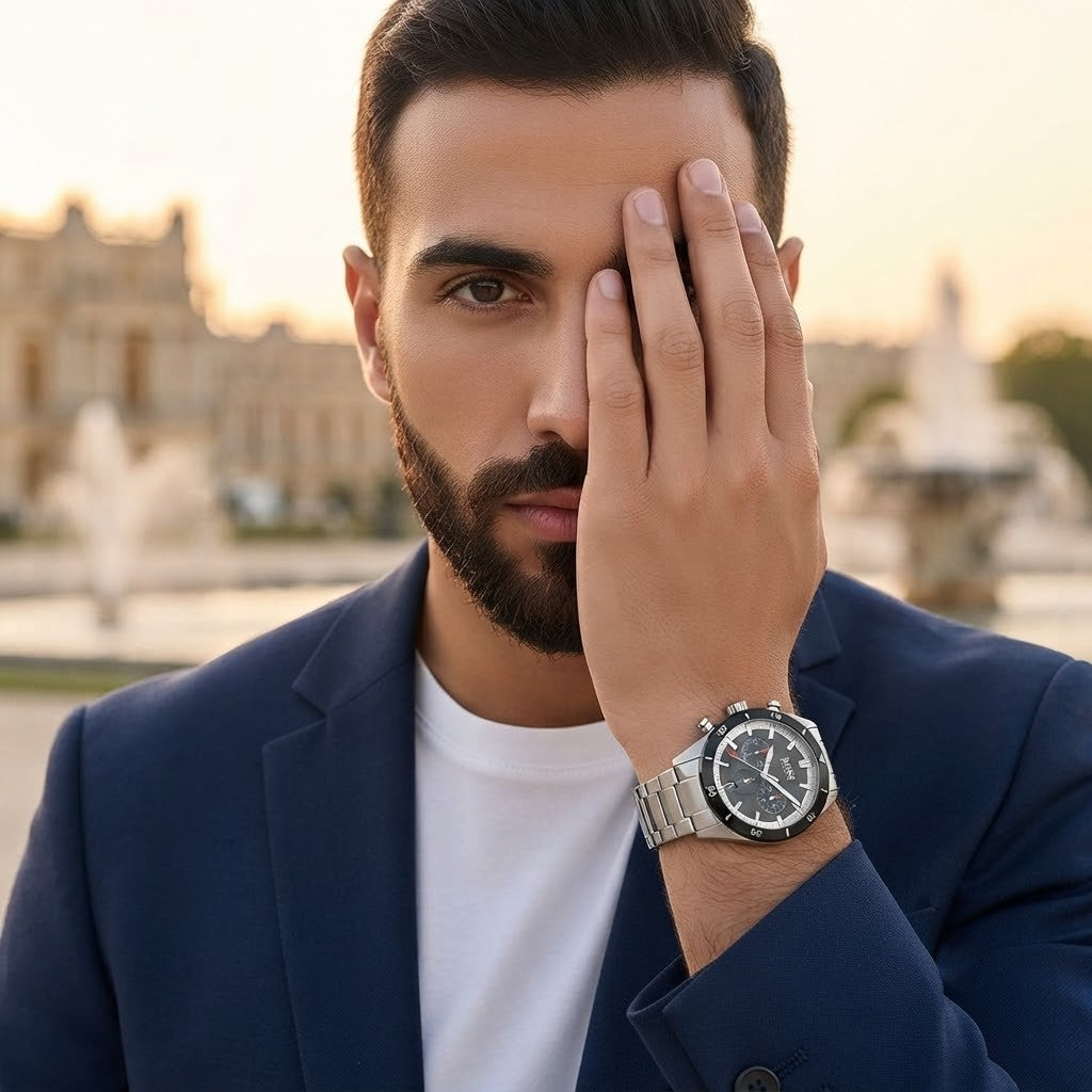 Lifestyle luxury shot featuring Hugo Boss Santiago 1513862 men's watch.