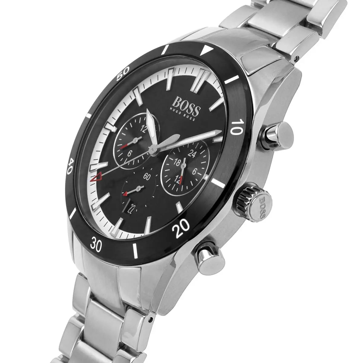 Silver watch with black dial on a white background
