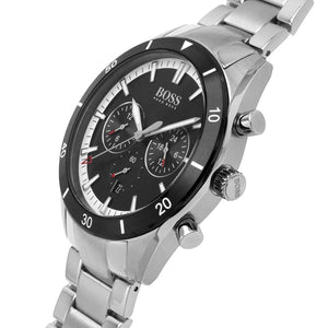 Silver watch with black dial on a white background