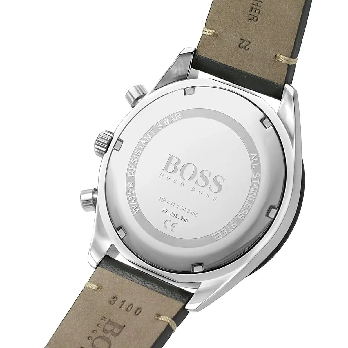 Caseback of Hugo Boss Santiago 1513864 showing technical specs black dial and leather strap 50m water resistance