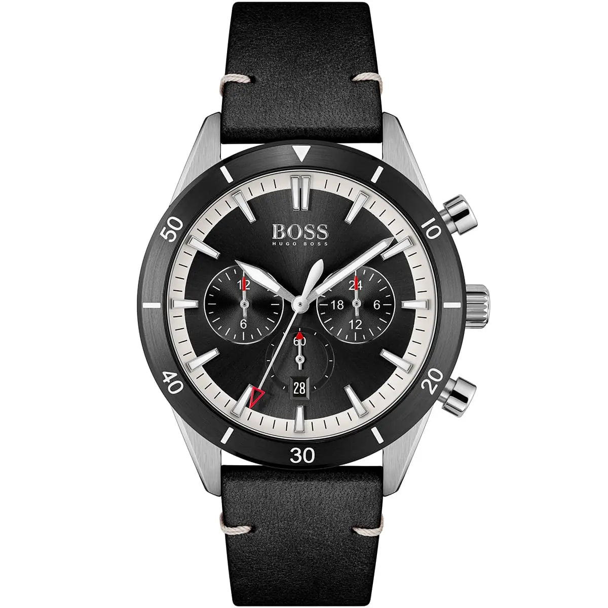 Hugo Boss Santiago 1513864 men's watch with black sunray dial, silver case with black bezel, black leather strap, and 50m water resistance main view