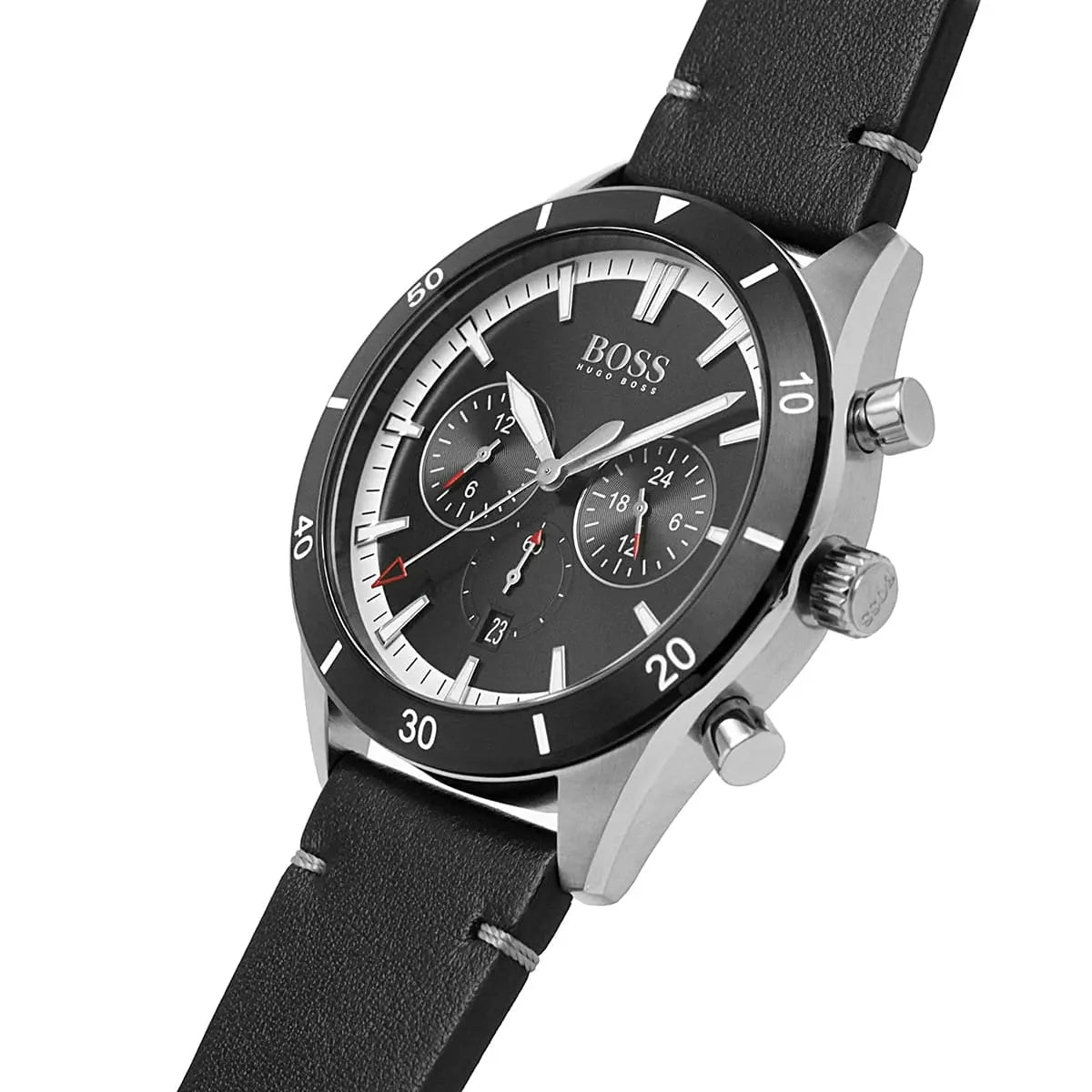 Side profile of Hugo Boss Santiago 1513864 showing 11mm thickness and silver finish with 50m water resistance