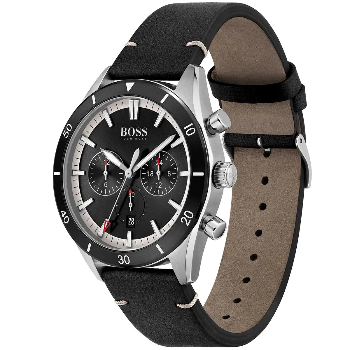 Left angled view of Hugo Boss Santiago 1513864 showing black sunray dial detail and leather strap water resistant 50m