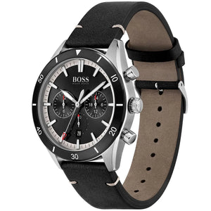 Left angled view of Hugo Boss Santiago 1513864 showing black sunray dial detail and leather strap water resistant 50m