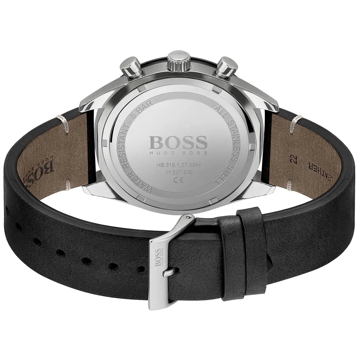Caseback of Hugo Boss Santiago 1513864 showing technical specs black dial and leather strap 50m water resistance