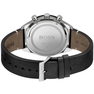 Caseback of Hugo Boss Santiago 1513864 showing technical specs black dial and leather strap 50m water resistance