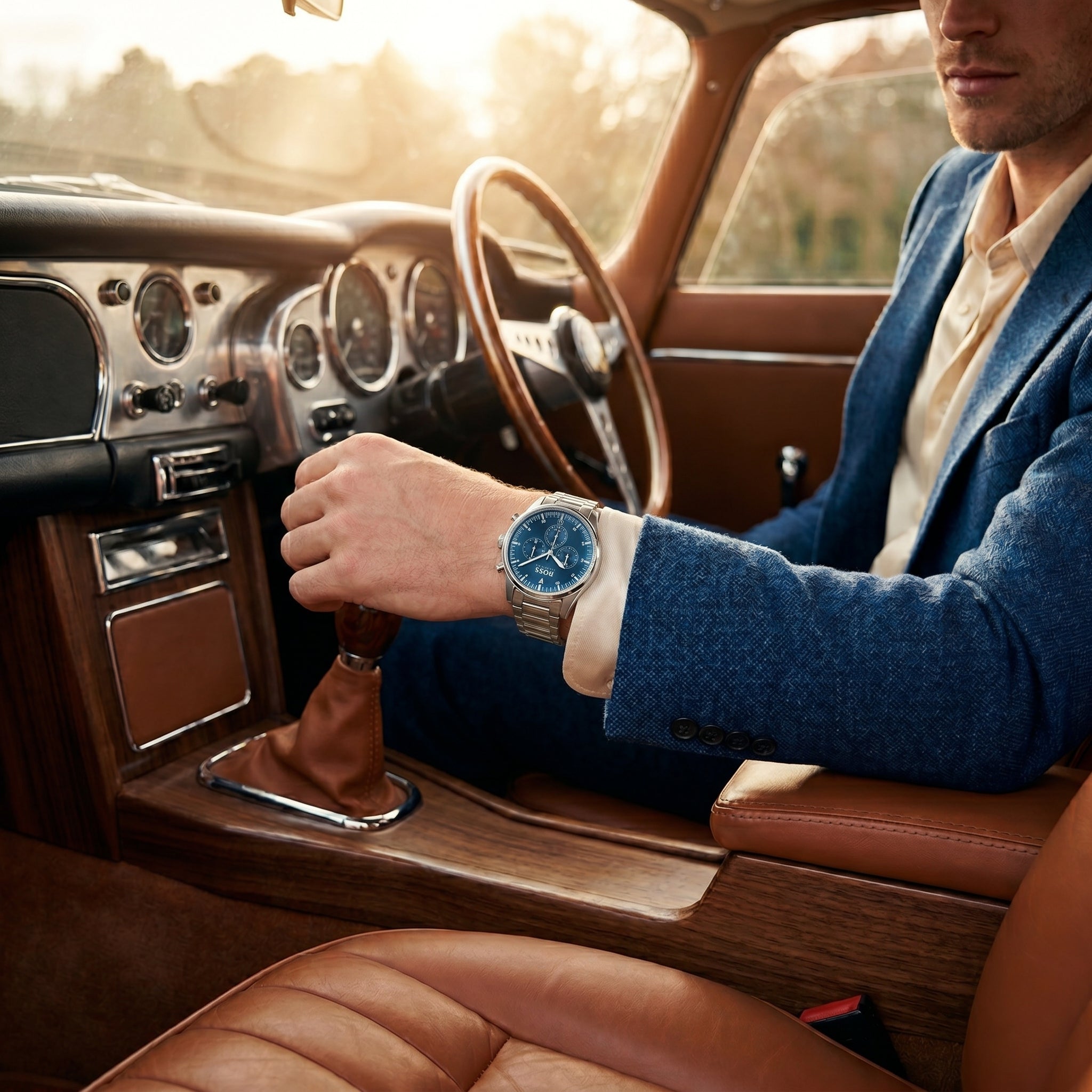 Lifestyle photo of Boss Pioneer 1513867 showing the bold silver watch on a man's wrist in a professional setting from Luxury Hub Store