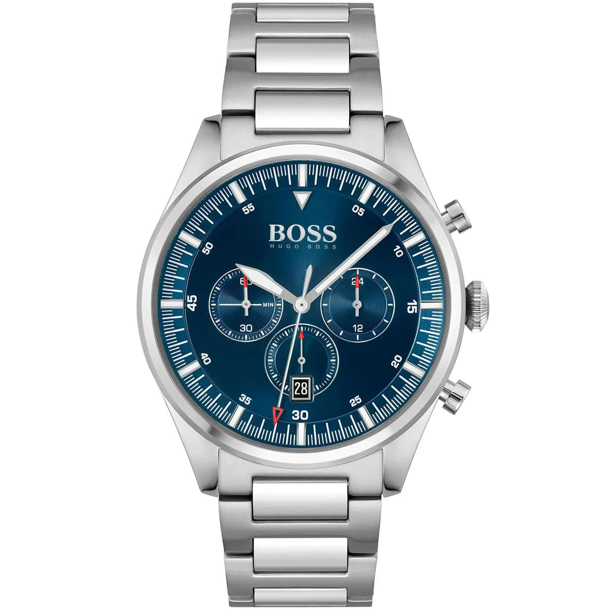 Authentic real-life photo of Boss Pioneer 1513867 showing silver bracelet and blue chronograph dial from Luxury Hub Store
