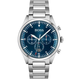 Authentic real-life photo of Boss Pioneer 1513867 showing silver bracelet and blue chronograph dial from Luxury Hub Store