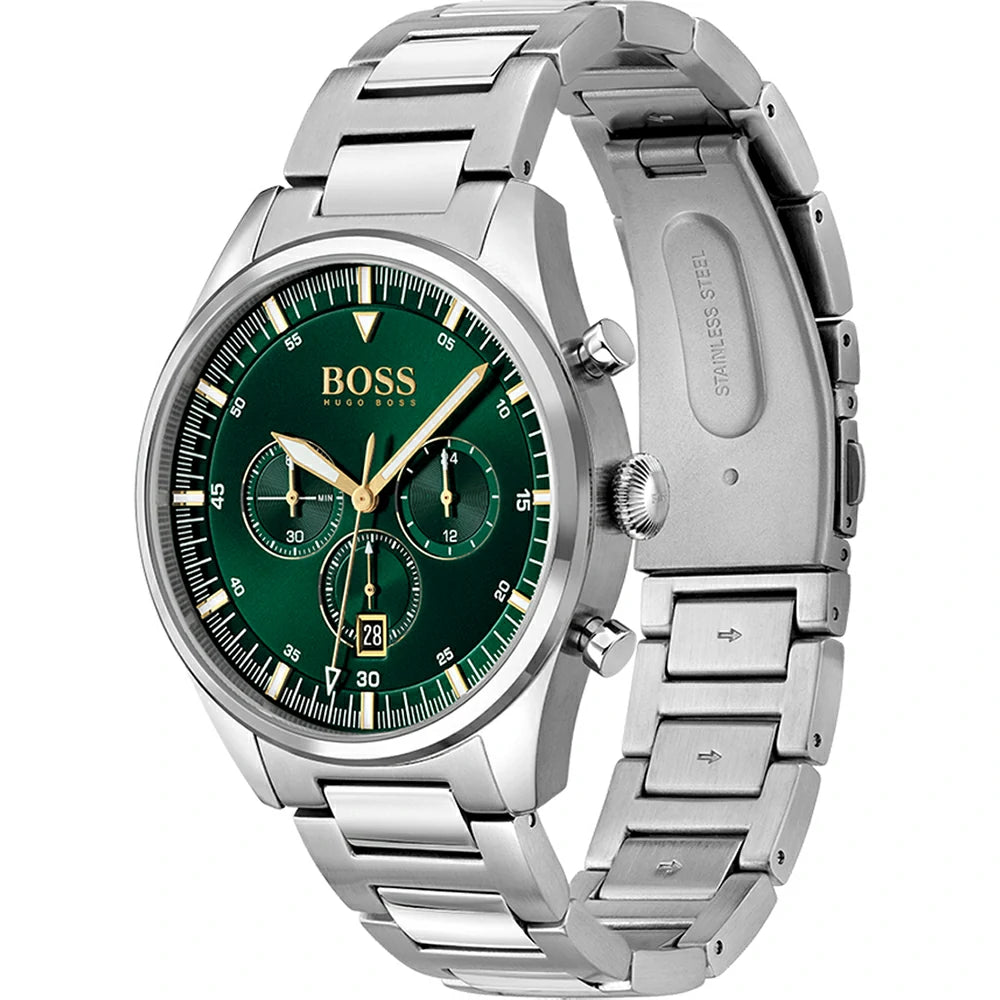 Left angled view of Hugo Boss Pioneer 1513868 showing green dial detail and silver link bracelet water resistant 50m