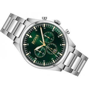 Left angled view of Hugo Boss Pioneer 1513868 showing green dial detail and silver link bracelet water resistant 50m