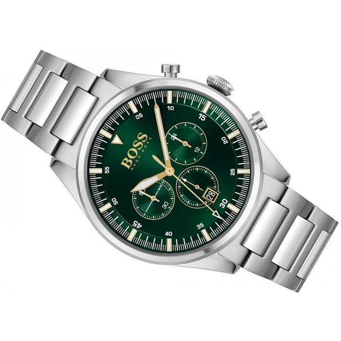 Left angled view of Hugo Boss Pioneer 1513868 showing green dial detail and silver link bracelet water resistant 50m