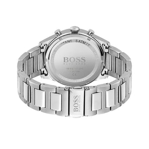Caseback of Hugo Boss Pioneer 1513868 showing technical specs green dial and silver metal strap 50m water resistance