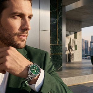 Professional man wearing Hugo Boss Pioneer 1513868 with green dial and silver metal link strap water resistant 50m
