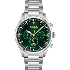 Hugo Boss Pioneer 1513868 men's watch with green dial, silver metal link strap, and 50m water resistance main view