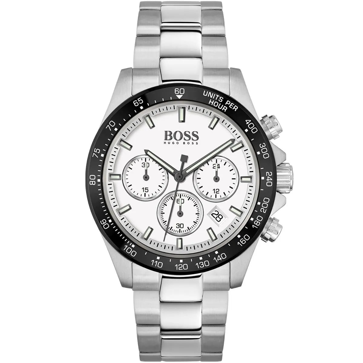 Hugo Boss Volane 1513875 men's watch featuring a silver stainless steel case, white chronograph dial, and silver link bracelet