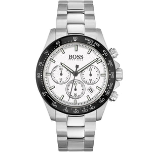 Hugo Boss Volane 1513875 men's watch featuring a silver stainless steel case, white chronograph dial, and silver link bracelet