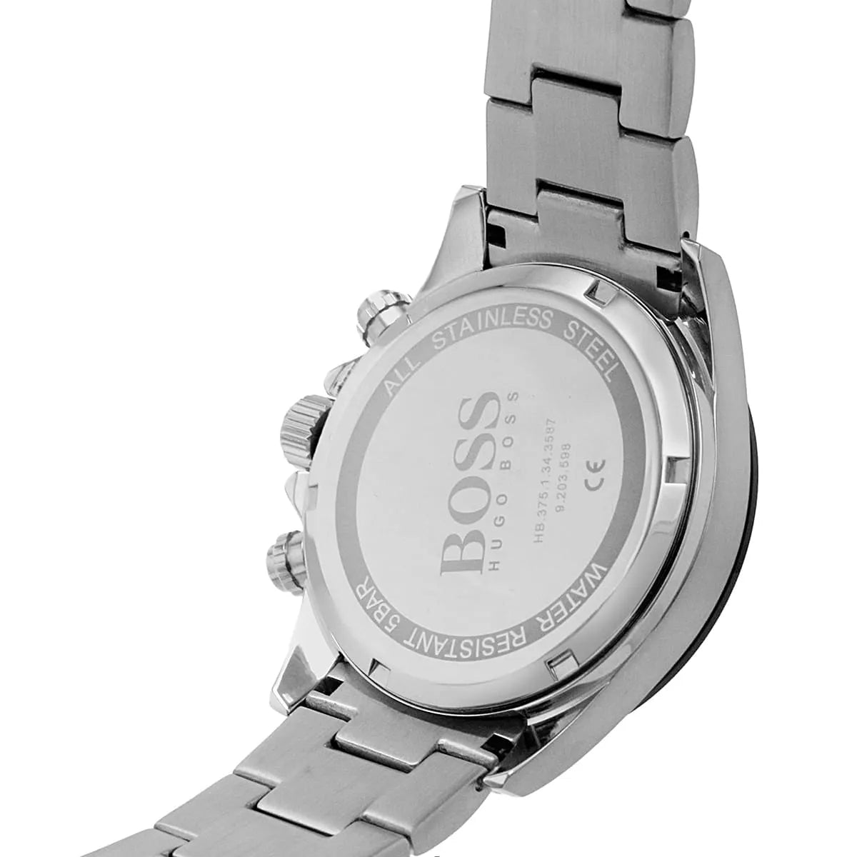 Detailed side view of the silver-tone crown and chronograph pushers on the 1513875 model