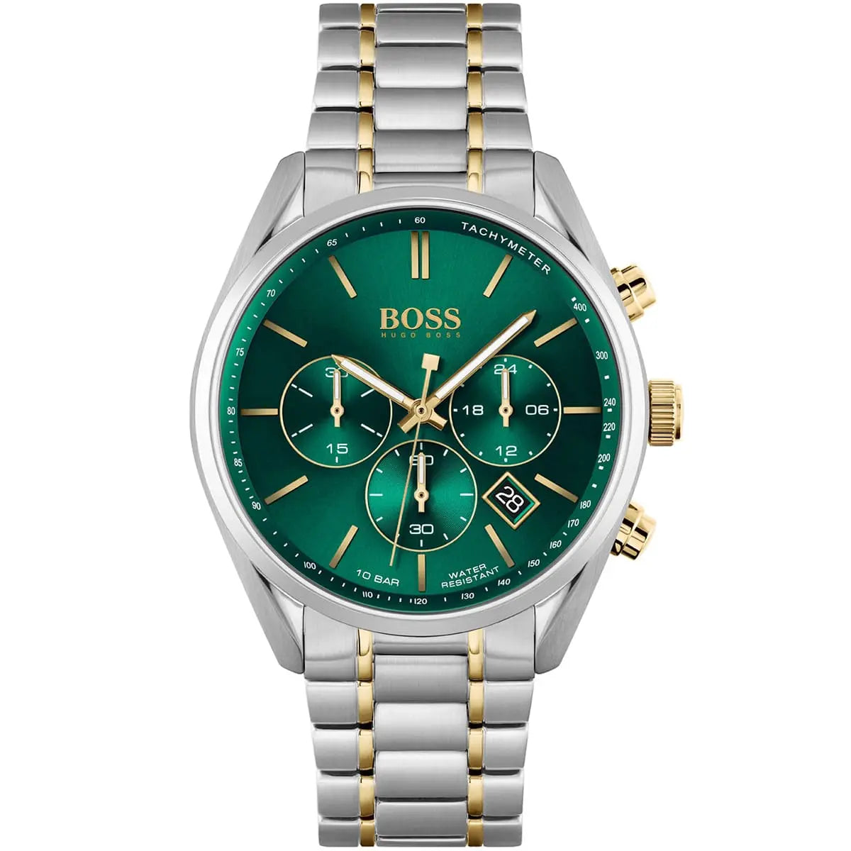 Front view of Hugo Boss Champion 1513878 men's watch with green dial and two-tone stainless steel bracelet.