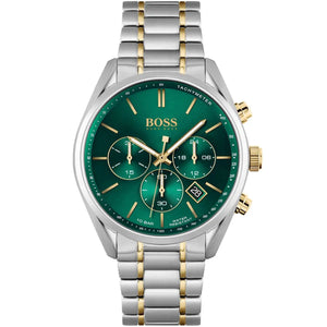 Front view of Hugo Boss Champion 1513878 men's watch with green dial and two-tone stainless steel bracelet.