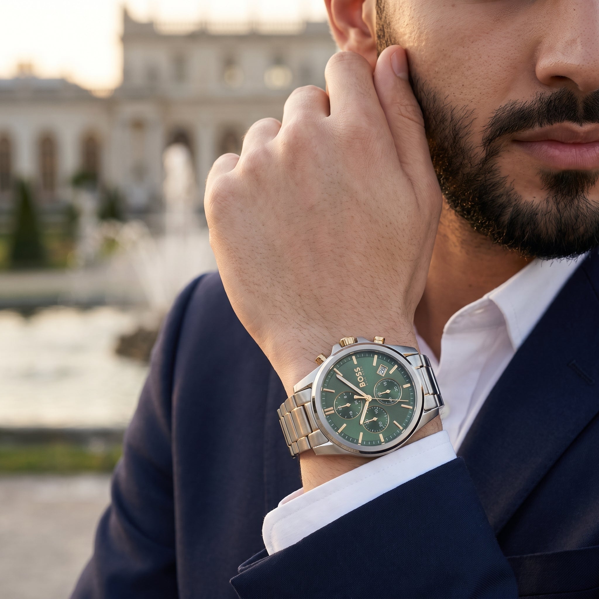 Lifestyle luxury shot featuring Hugo Boss Champion 1513878 men's watch.