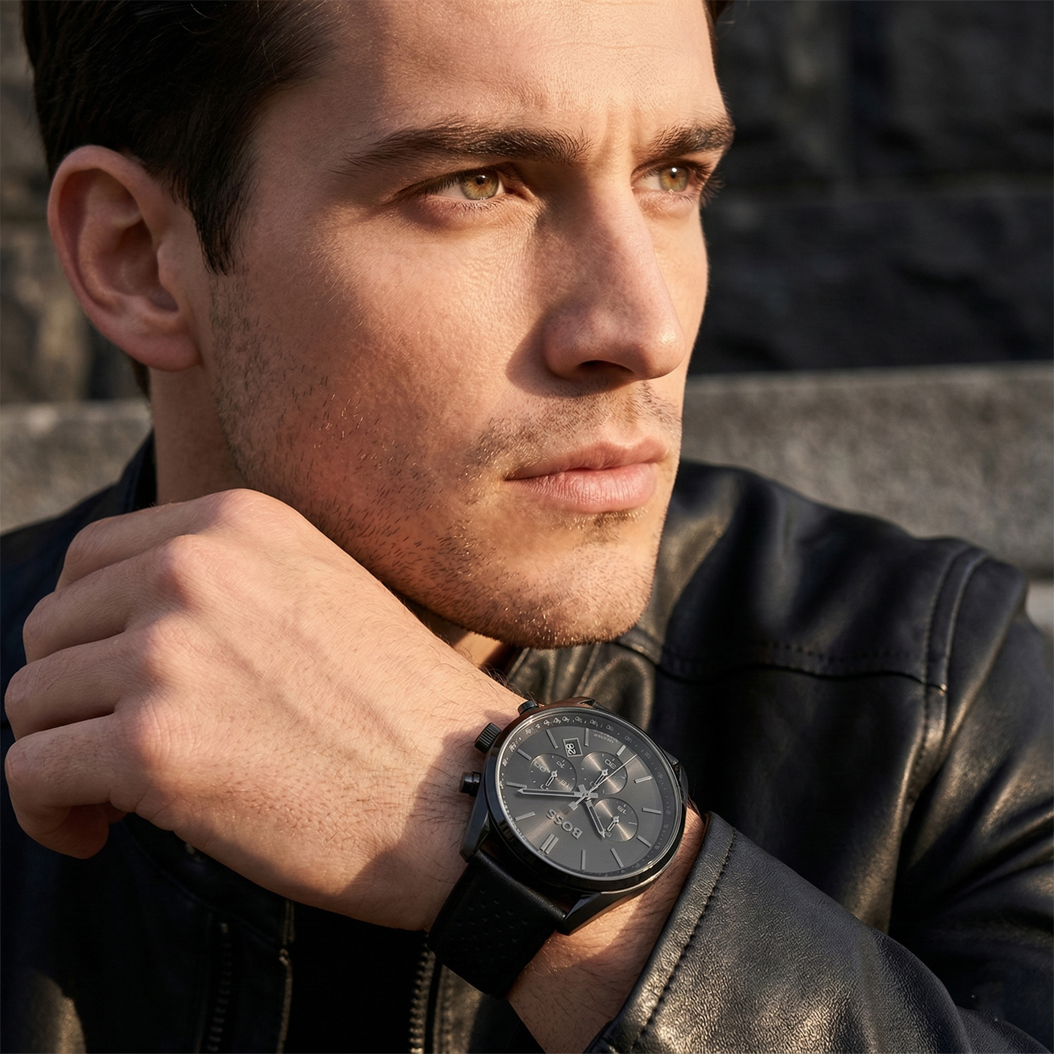 Professional man wearing Hugo Boss Champion 1513880 with black dial and black case leather strap water resistant 100m