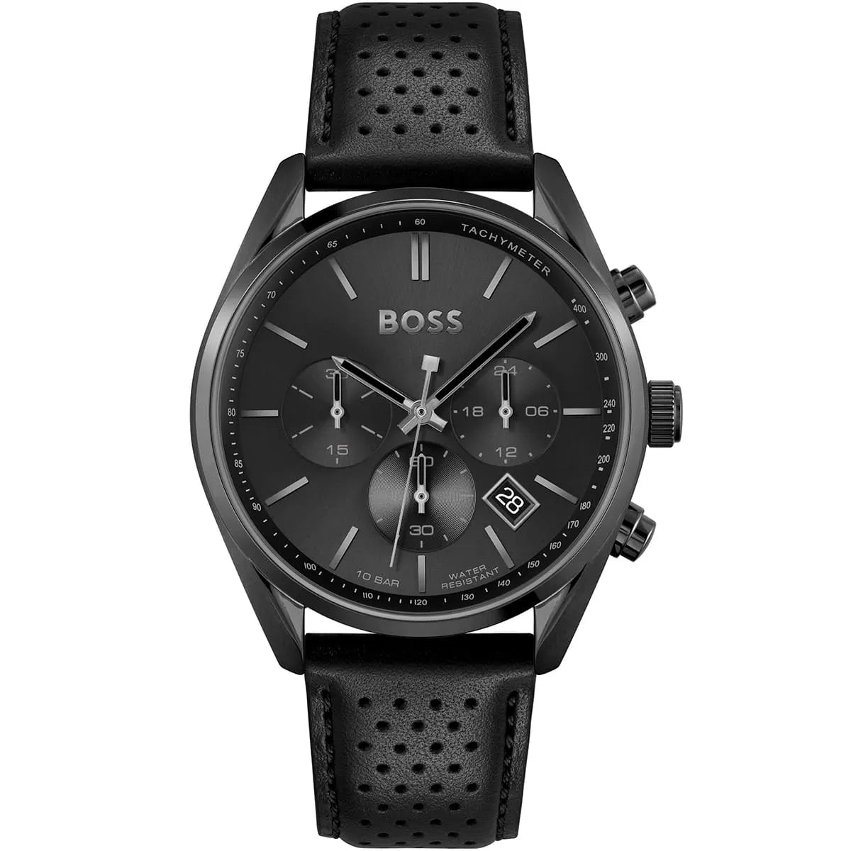 Hugo Boss Champion 1513880 men's watch with black sunray dial, black matte case, black perforated leather strap, and 100m water resistance main view