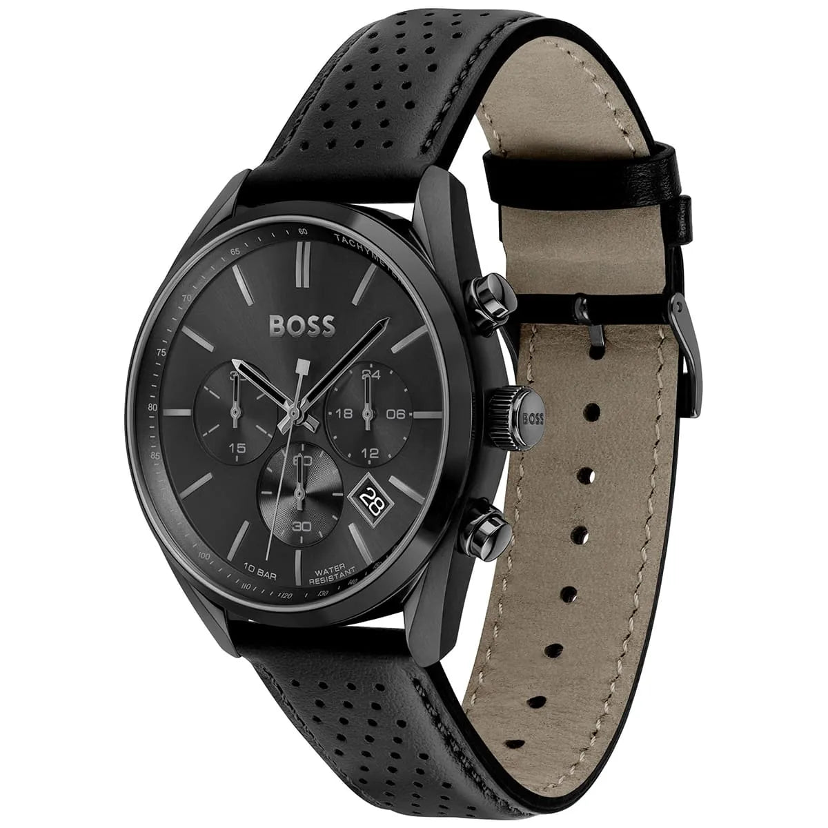 Left angled view of Hugo Boss Champion 1513880 showing black sunray dial detail and black leather strap 100m water resistance