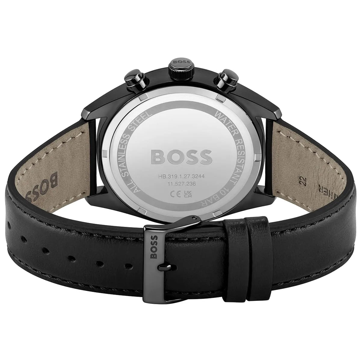 Caseback of Hugo Boss Champion 1513880 showing technical specs (10 BAR / 328FT) and black leather strap details