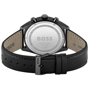 Caseback of Hugo Boss Champion 1513880 showing technical specs (10 BAR / 328FT) and black leather strap details